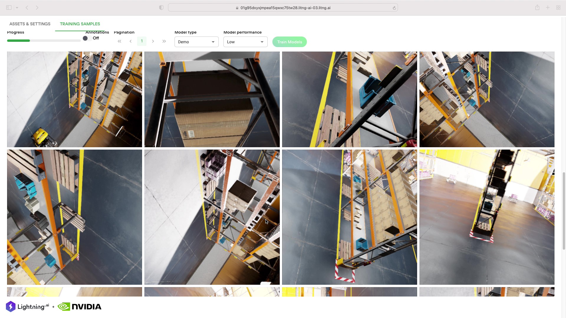 Screenshot shows eight camera perspectives on a warehouse floor, with floor tape and shelves.
