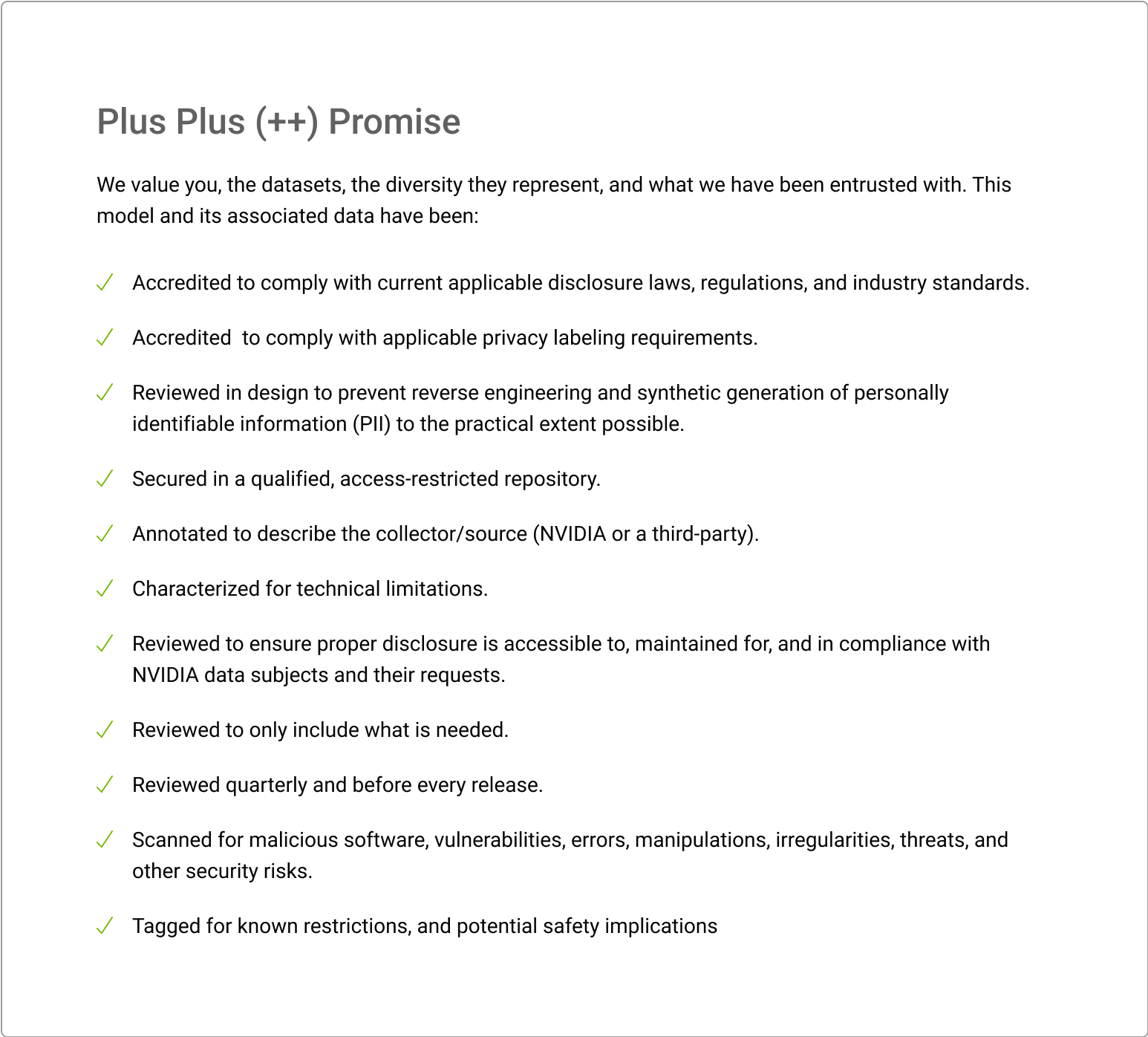 A checklist of the Model Card++ Promise describing the steps NVIDIA is taking to demonstrate trustworthiness in AI model development.