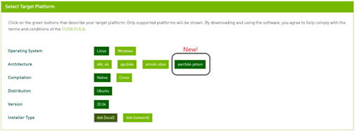 Screenshot of the CUDA downloads web page showing the different CUDA architecture versions available to download and use for Jetson.