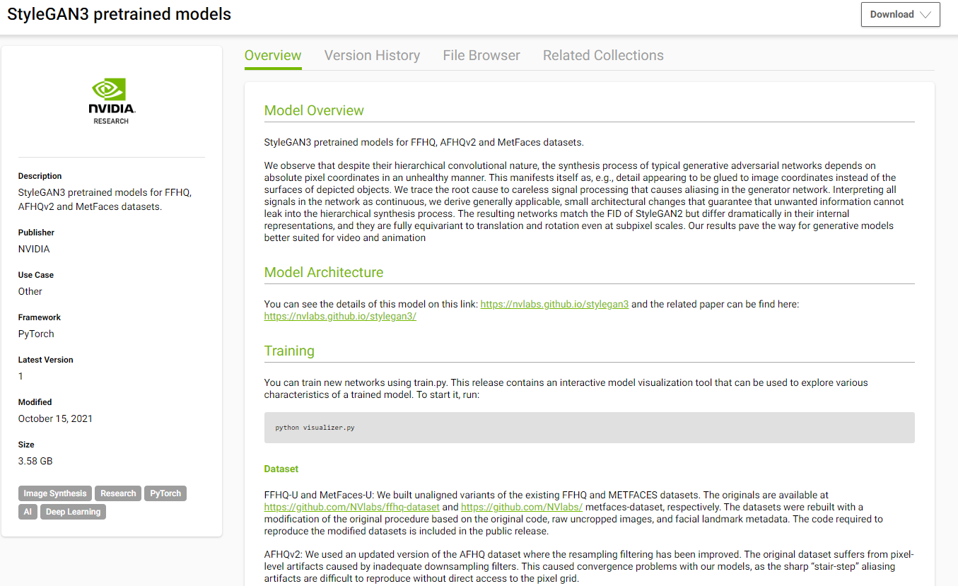 Screenshot of a StyleGAN3 model card showing information about its architecture, training, and dataset. 