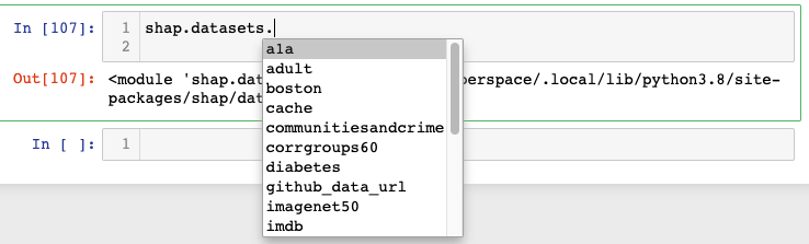 Code block displaying the datasets available in the shap library