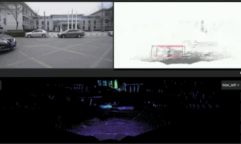 A GIF compilation of three images: The Zvision camera point of view; the point cloud from the Zvision lidar; and the detection results using TAO-PointPillars.