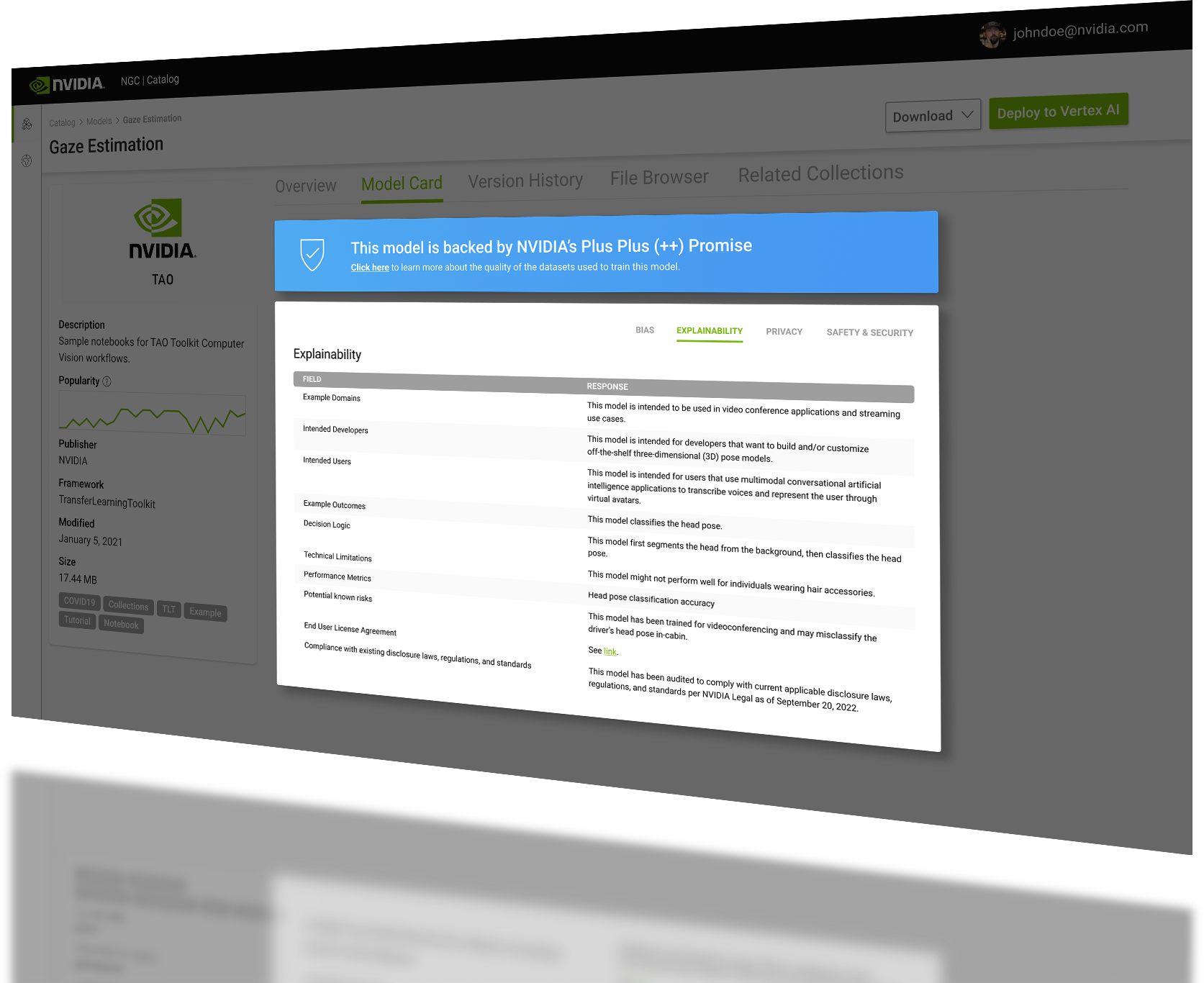 An example of the Explainability Subcard, one of four subsections Model Card++ incorporates into the NGC model card.