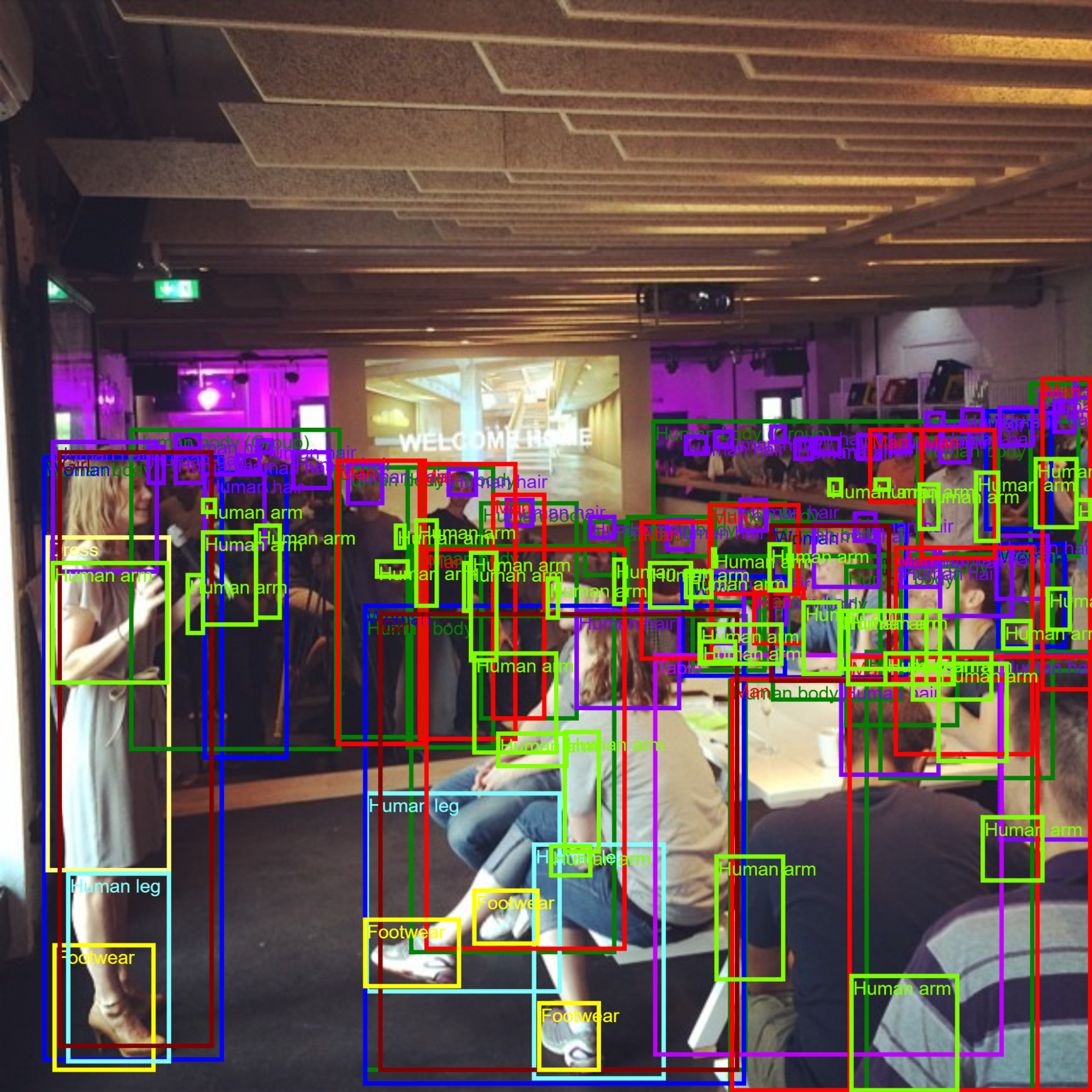 Photo from the OpenImage Dataset shows brightly colored bounding boxes around objects and people in a theater.
