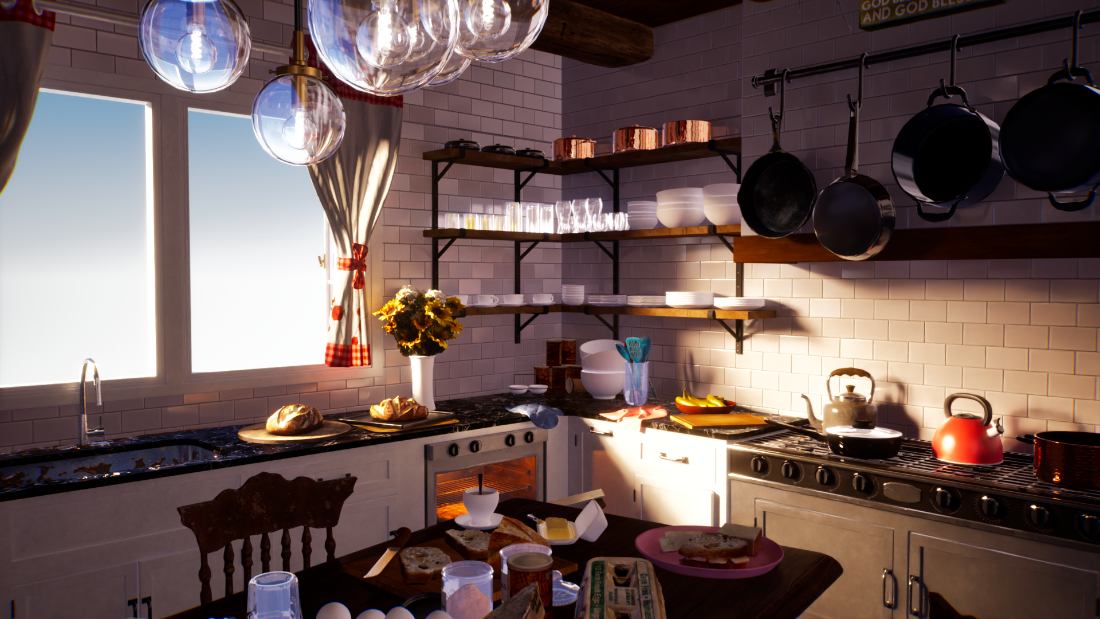 An image showing Grandma’s Kitchen by Richard Cowgill, path traced in Unreal Engine 5.  