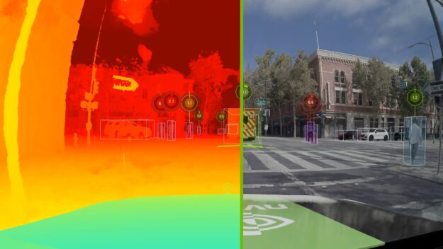 Image of DRIVE Sim generating ground truth data of an intersection for autonomous vehicle testing.