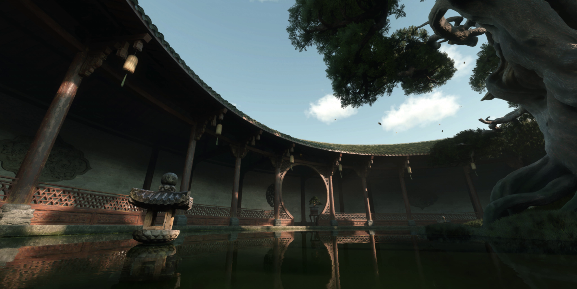 Screenshot showing RTX path tracing in a temple scene from the NetEase game, Justice.