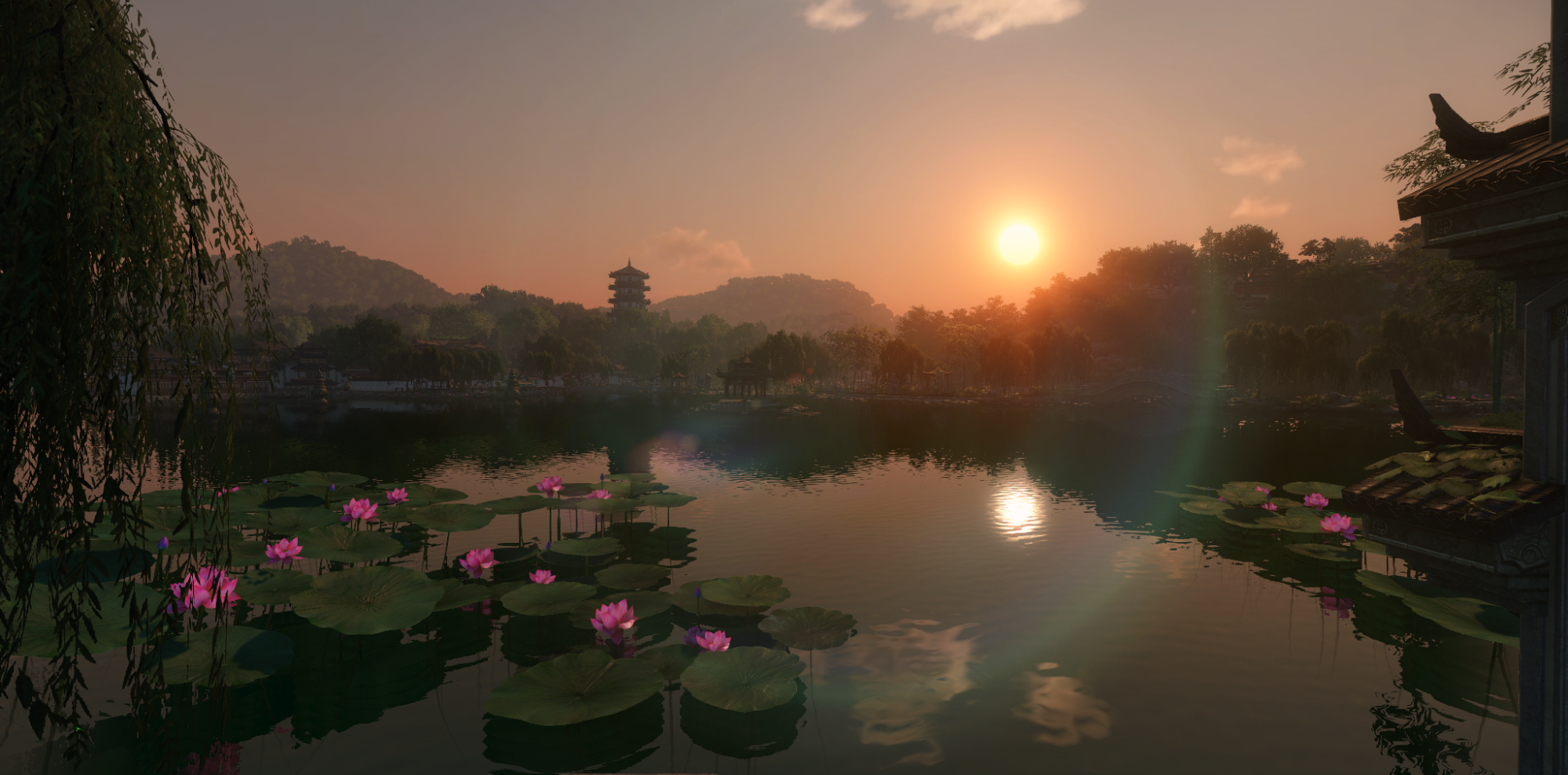 A screenshot of a sunset reflecting off a pond in Justice.