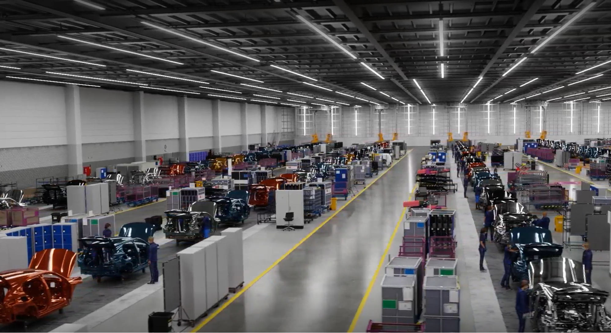 A photo of an automobile assembly facility using an Omniverse-based digital twin.