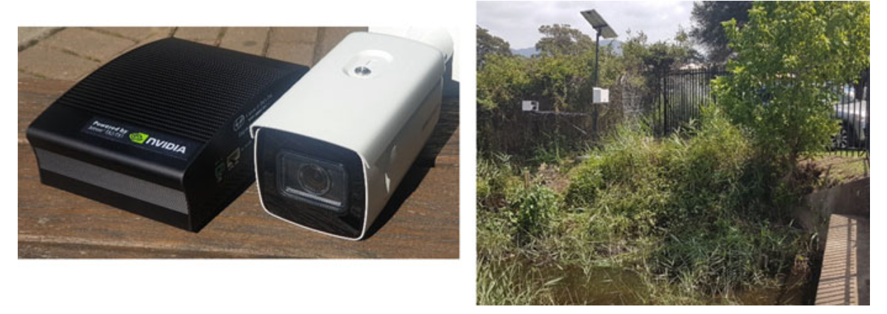 Photo of the AIoT hardware setup based on NVIDIA Jetson TX2 and a culvert photo showing hardware deployment on poles.