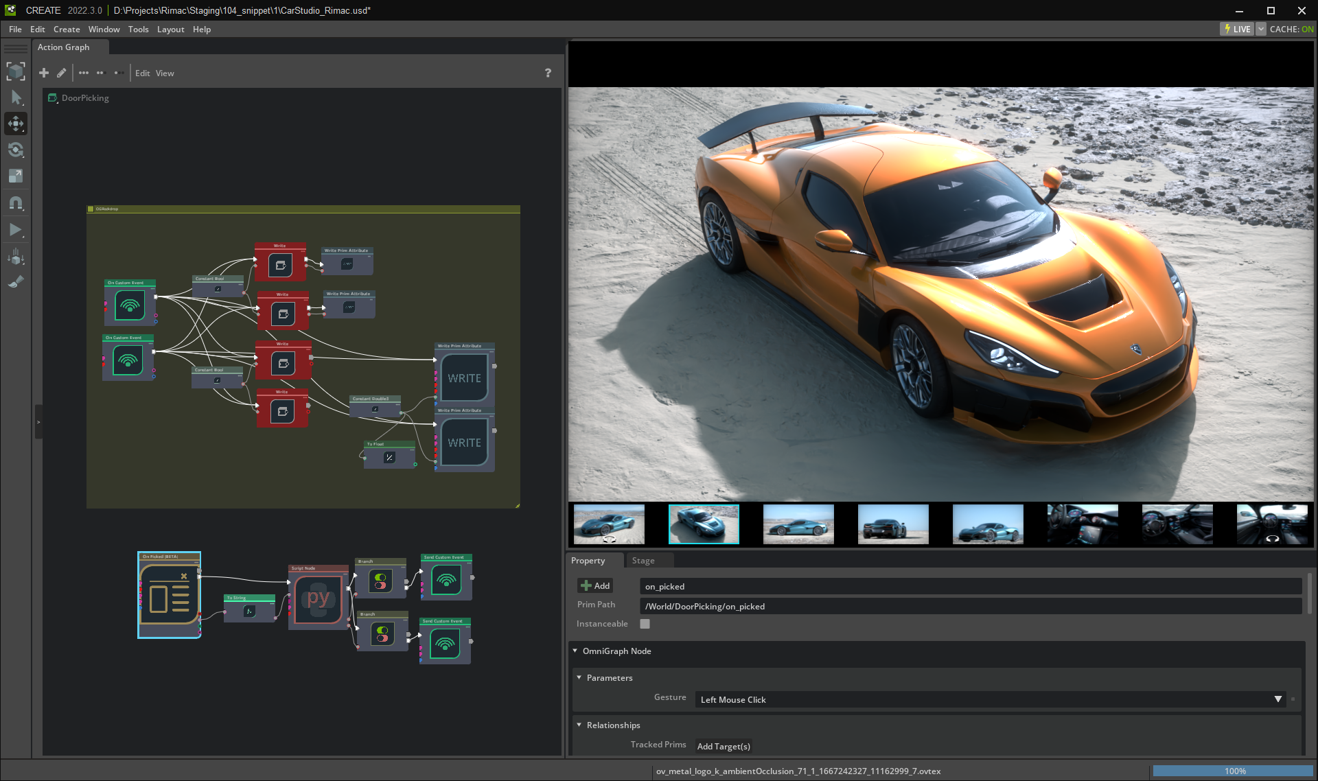 A screenshot showing a car in Action Graph. You can use Action Graph to add event-driven behaviors to an asset. For the car shown, you can open/close doors, raise/lower the spoiler, and change paint colors.