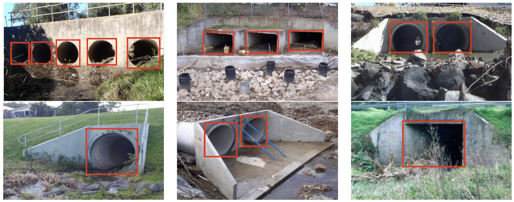 Photos of a few selected culvert samples from the ICOB data set with bounding box annotations.