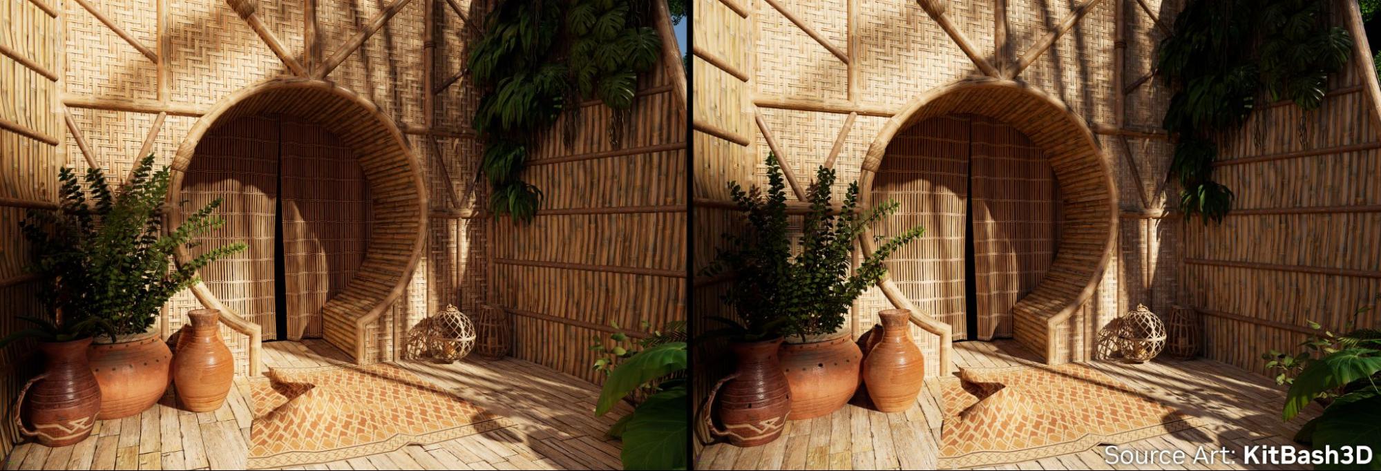 A wood and bamboo entrance lit in real time compared to the same scene created using the offline path tracer in Unreal Engine 5.1.