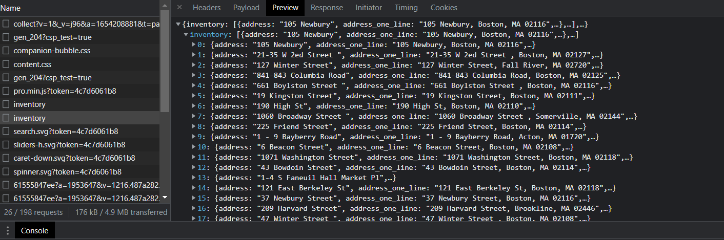 Screenshot shows all the listings on the first page in JSON format. 