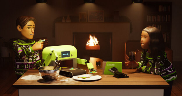 Picture of two animated figures wearing green and black holiday sweaters and working with Jetson device in front of a roaring fire.