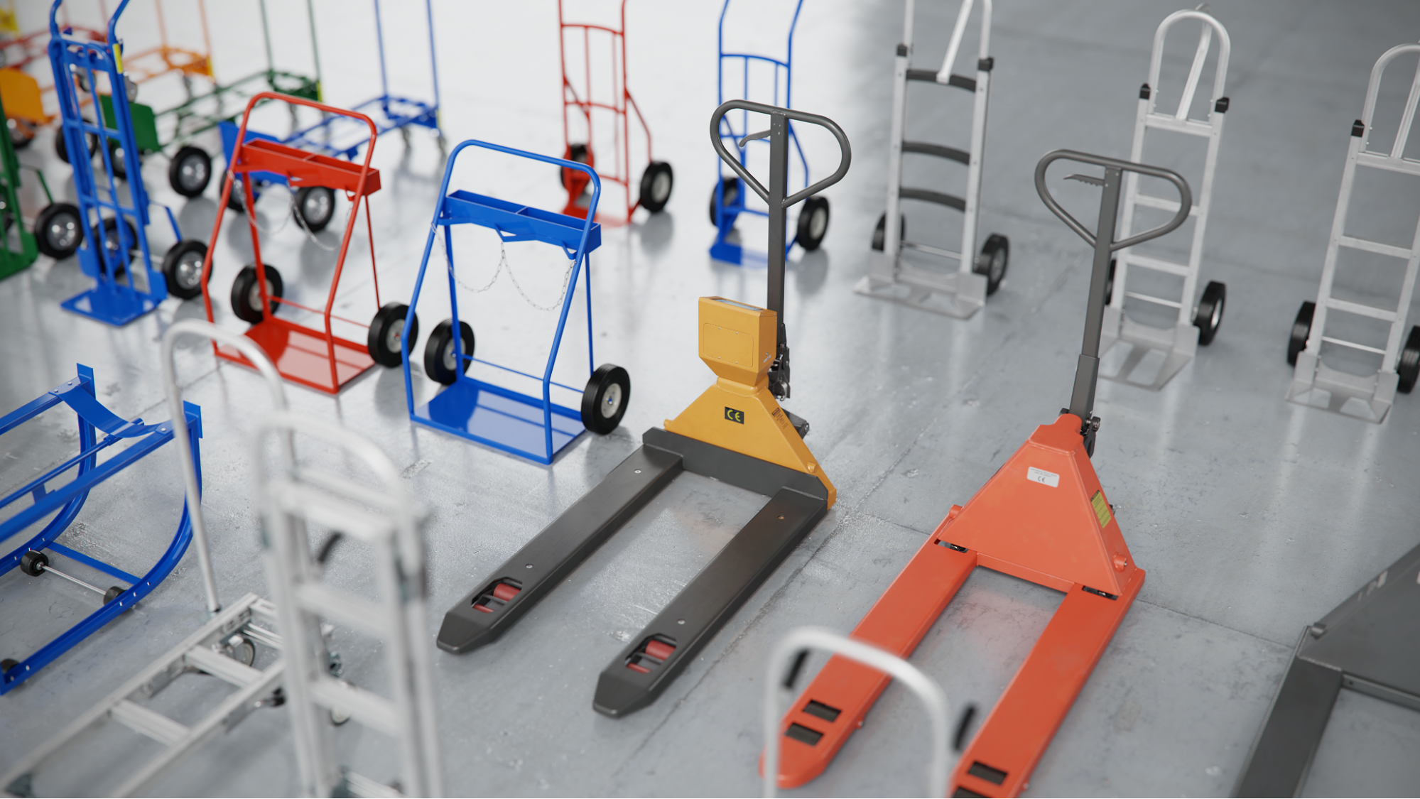 An assortment of pallet loaders, dollies, and other warehouse objects that are Simulation Ready
