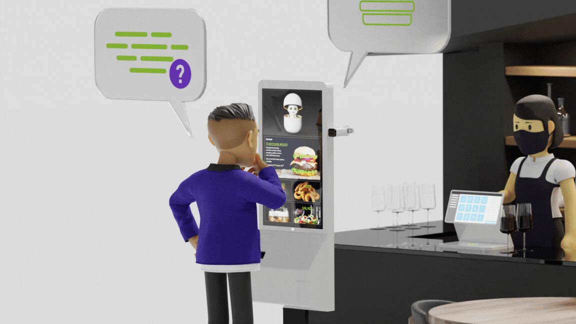 Man interacting with digital menu at counter