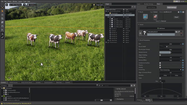 GIF showing a field being populated with a herd of cows using GET3D