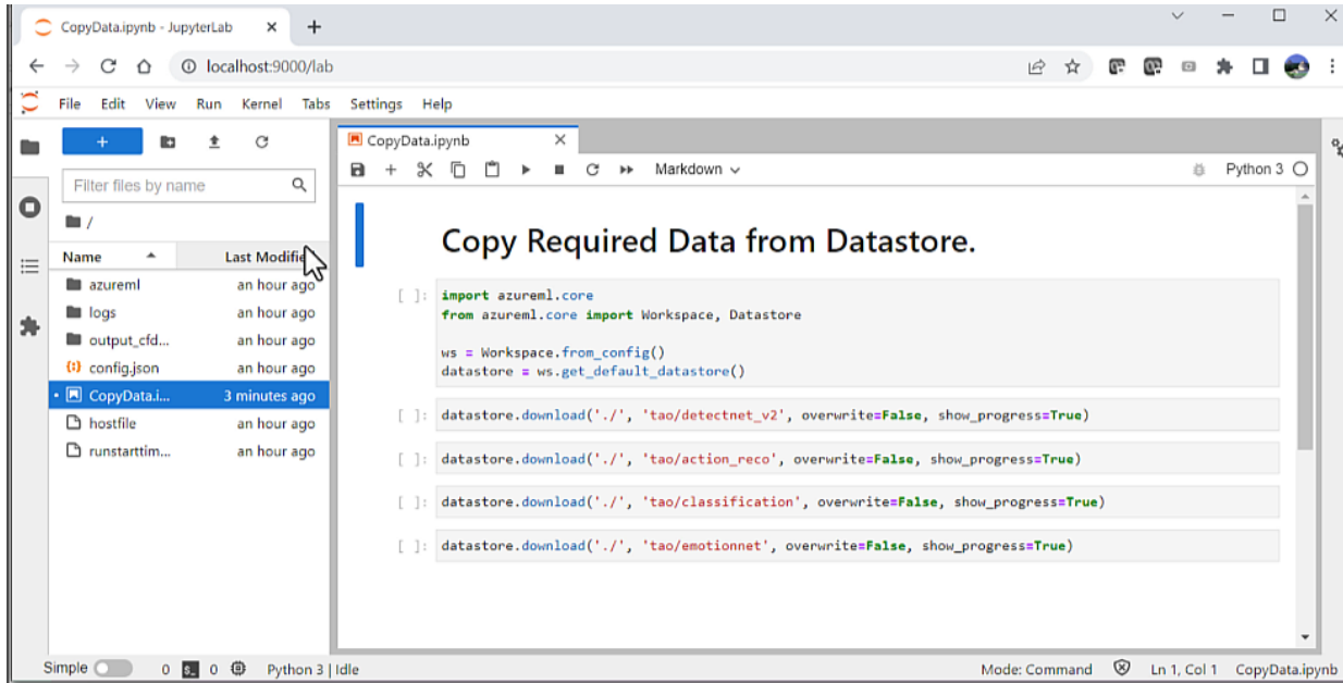 Screenshot of the CopyData.ipynb Jupyter notebook that user executes to copy notebooks from datastore to VM.