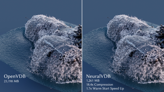 Two images of a spaceship emerging from water, positioned side-by-side with compression data comparing OpenVDB and NeuralVDB.