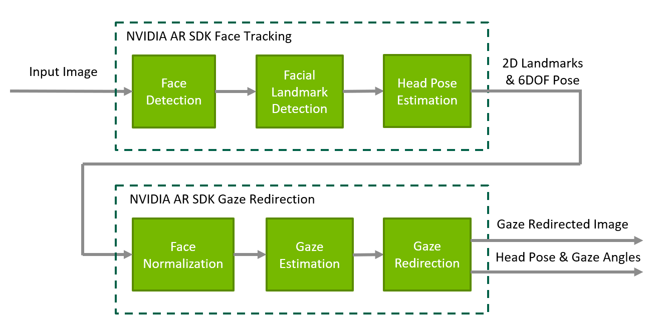 Maxine Eye Contact input and output workflow where input image converts into gaze directed image and head pose and gaze angles.
