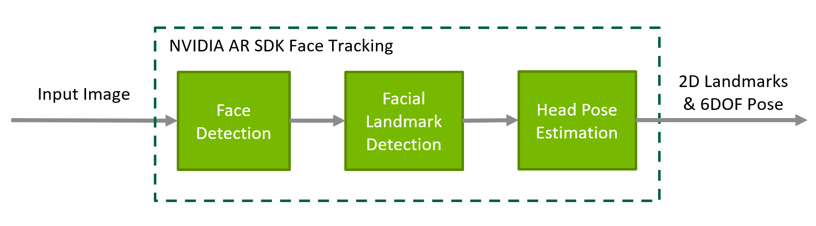 Face tracking input and output workflow where input image converts into 2D landmarks and 6DOF pose.