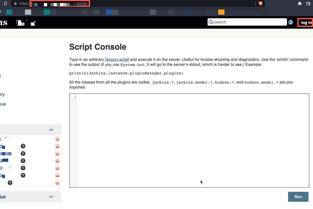 Web page showing Jenkins Script Console with log-in button at the top, showing unauthenticated access.