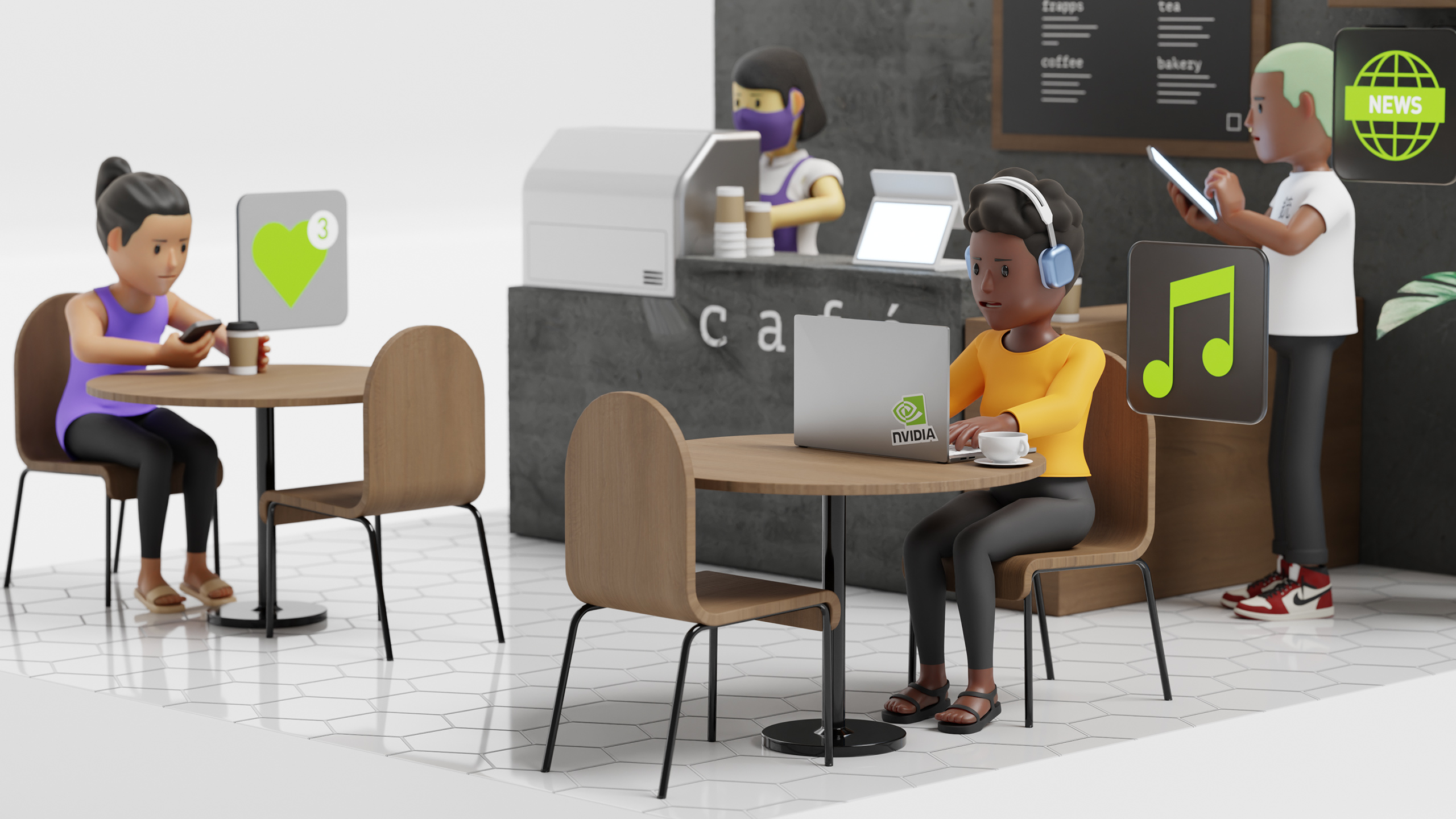 Graphic of people sitting at a cafe listening to music, reading news, and texting.