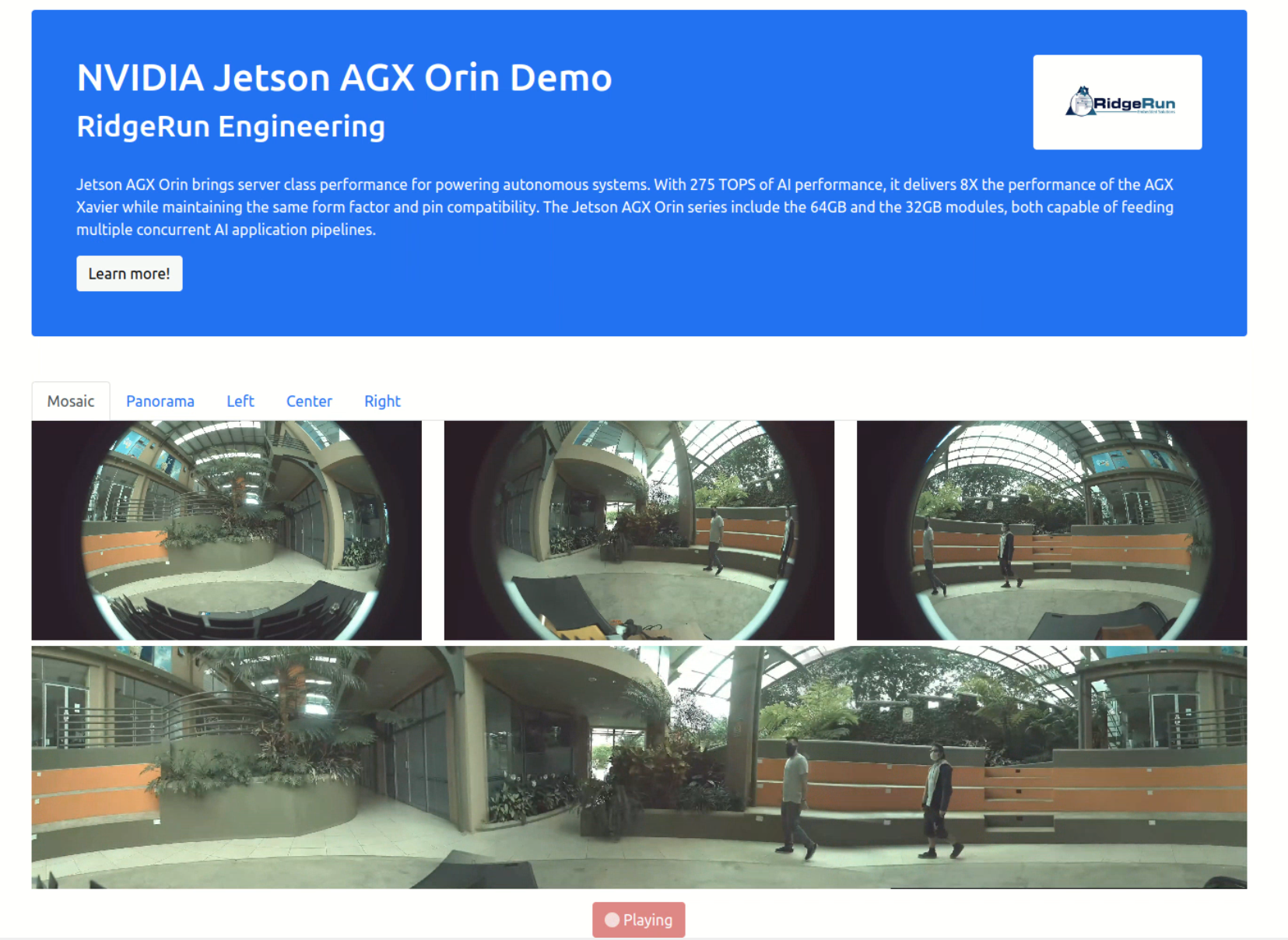 A screenshot showing a demo of NVIDIA Jetson AGX Orin from RidgeRun with Panoramic Stitching and WebRTC Streaming. 