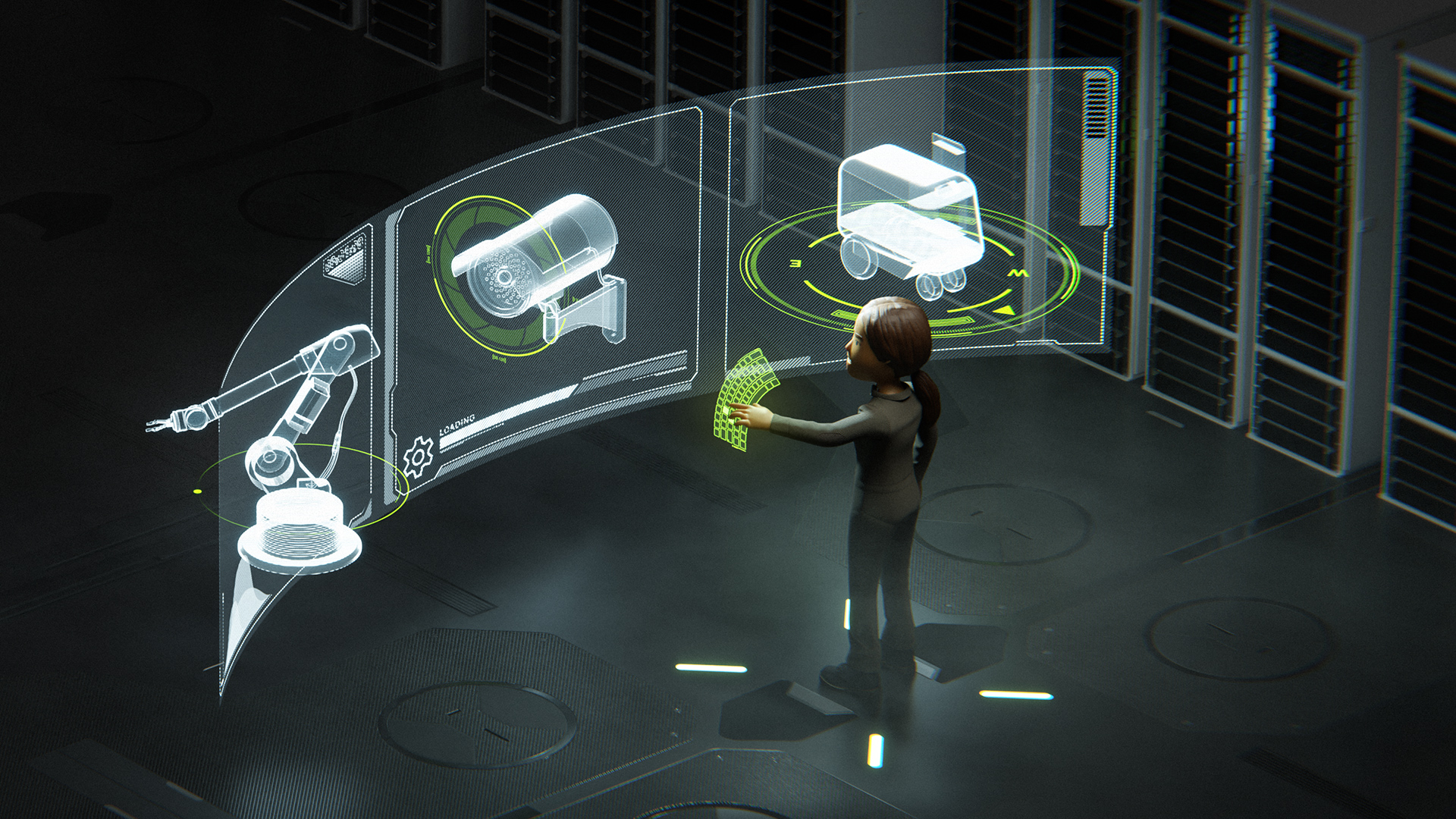 Futuristic graphic of woman using a floating keyboard kiosk with multiple robotics screens displaying robotic arms, video surveillance, and a robotics vehicle.