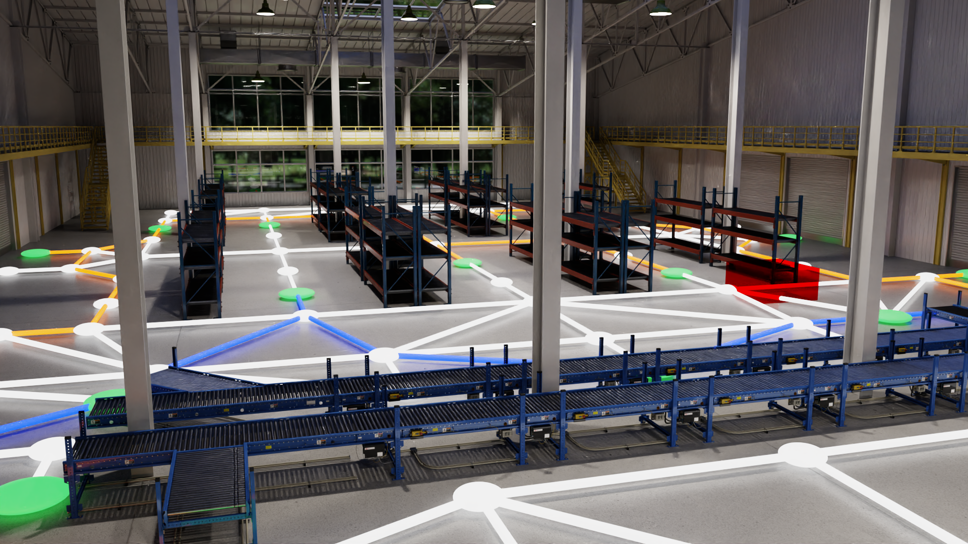 Image of robot route alternatives in warehouse environment.