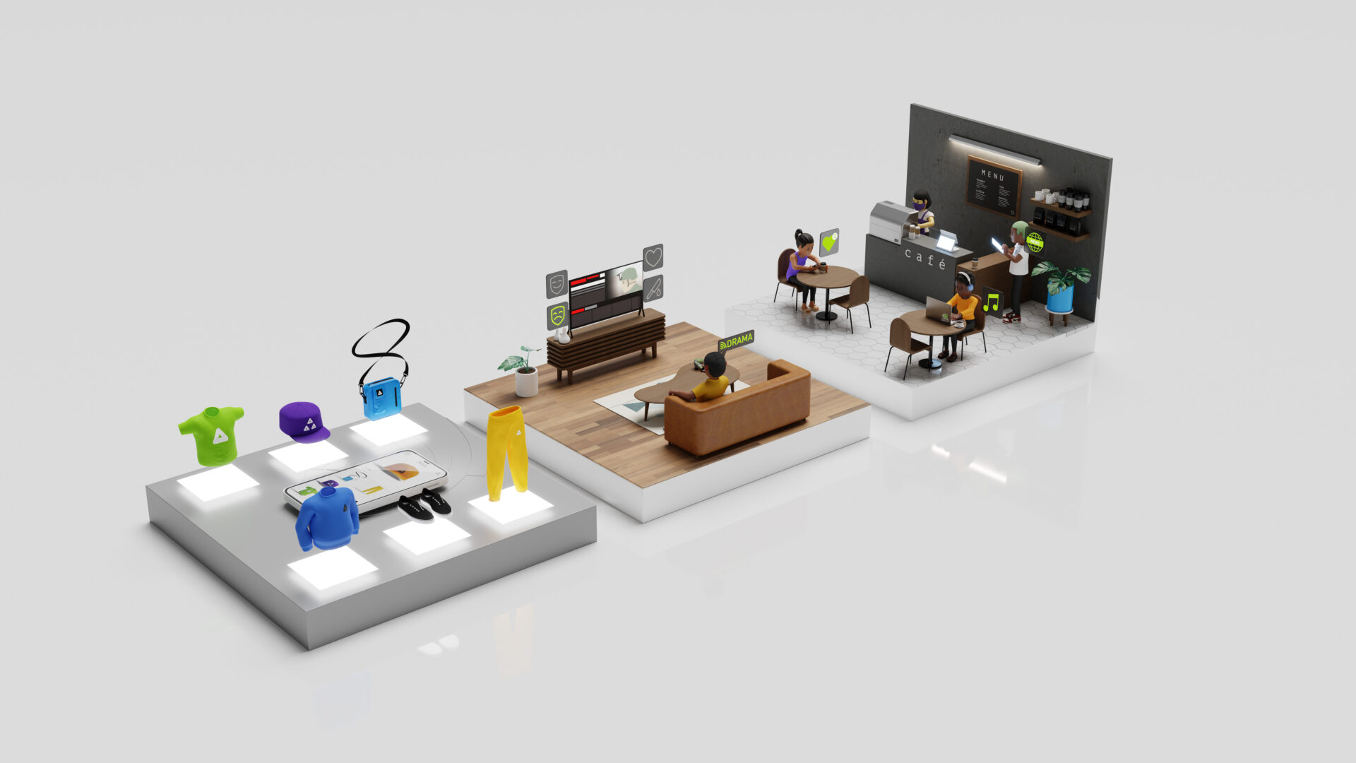 Illustration showing a shopping scene, video streaming in living room, and cafe all with recommender activities.