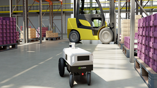 A factory setting with a forklift in the background and a small robot in the foreground.