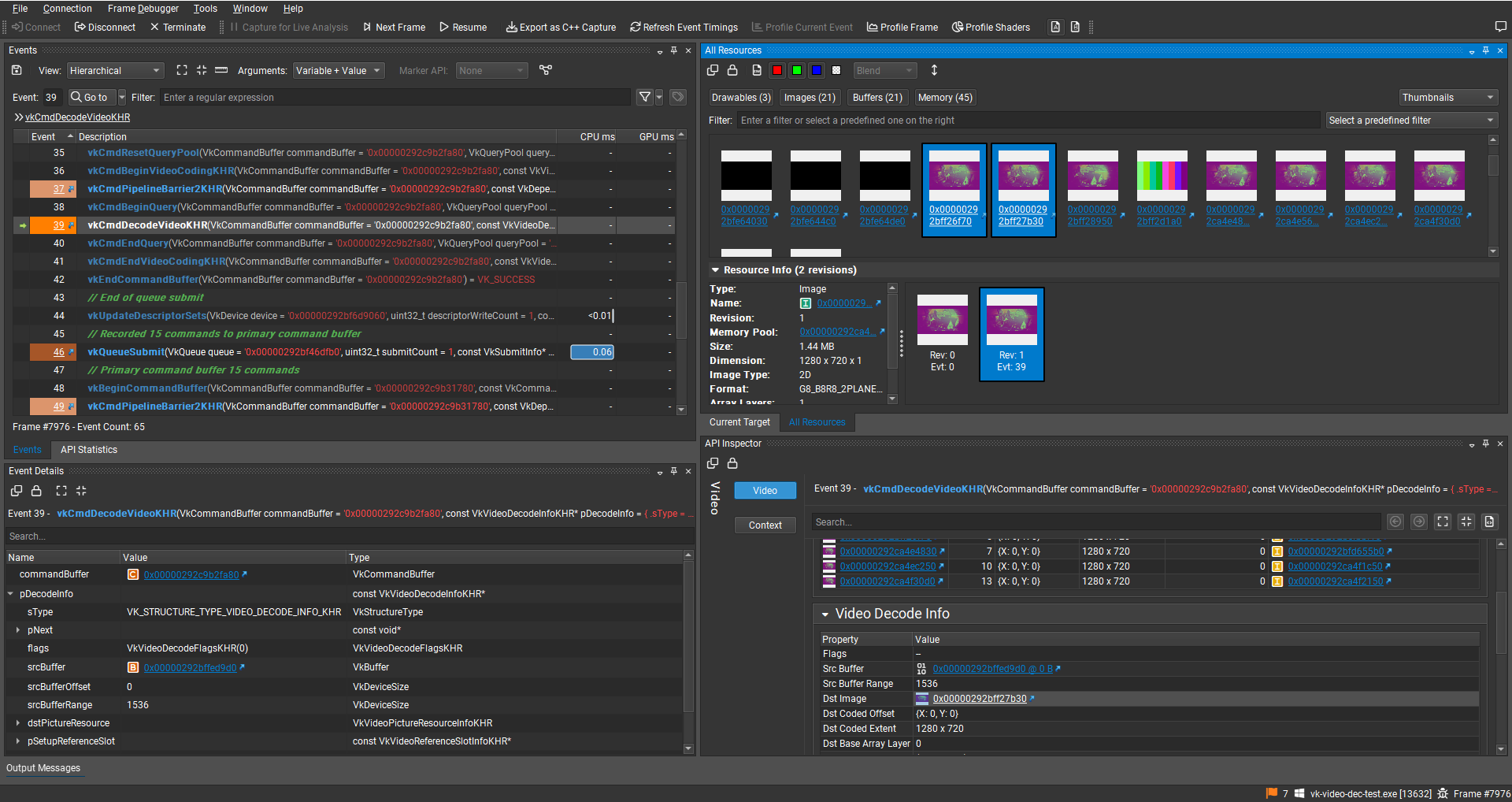NVIDIA Nsight Graphics frame debugger profiling Vulkan Video decode screenshot.
