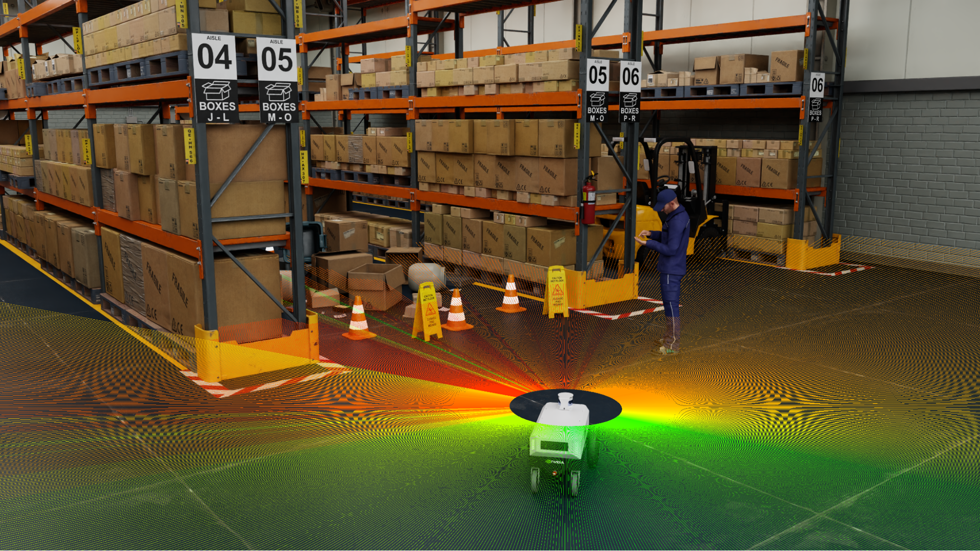 Image of warehouse scene with AMR robot.