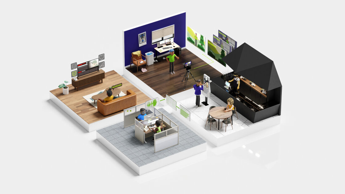 Illustration showing a shopping scene, video streaming in living room, and cafe all with recommender activities.