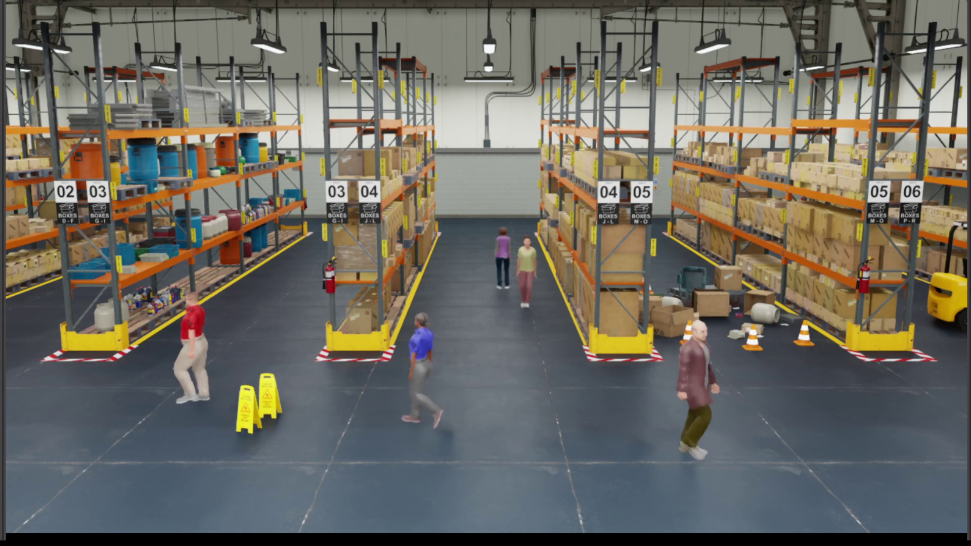 Image of several people walking around a warehouse scene.