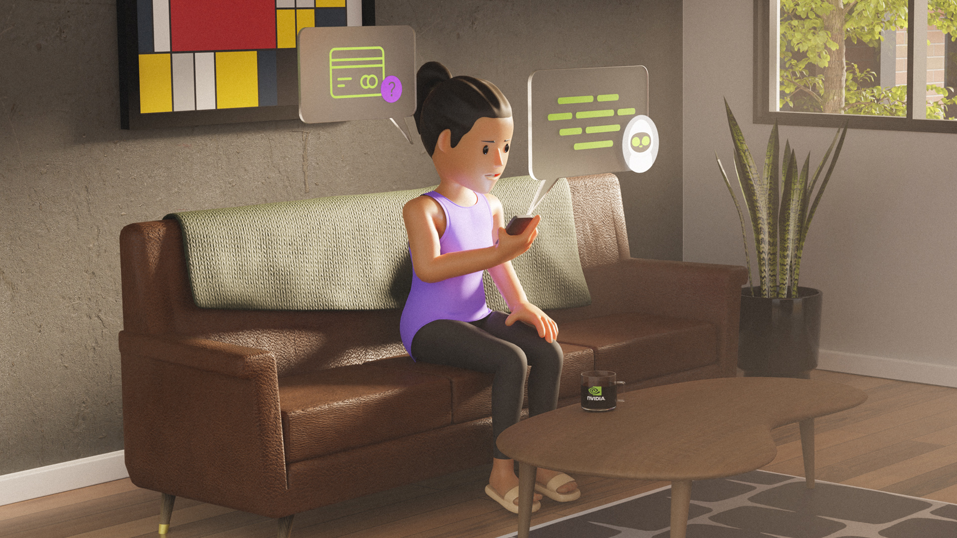 Graphic of a woman sitting on a couch reading her phone with popups.