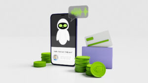 Illustration of a cell phone with a virtual assistant helping with a purchase.