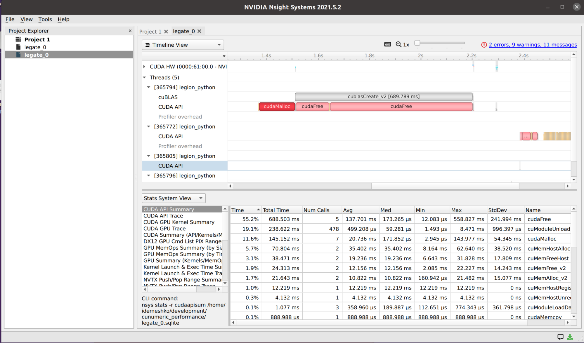 A screen capture of the output of a Nsight System profiler including time spent per each kernel and some of the CUDA APIs.