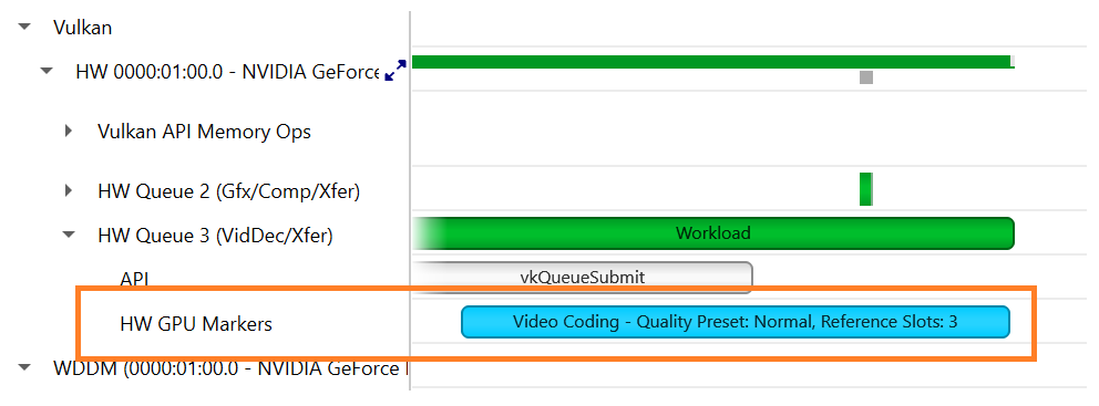 Screenshot showing how the Vulkan Video workload can be identified in the NVIDIA Nsight System timeline below the Vulkan tab. 