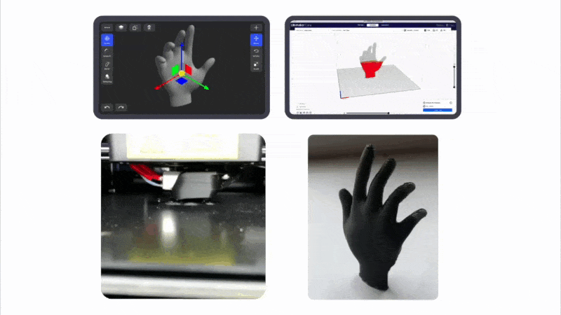 Four screenshots showing the production process of a 3D printed model from Shapeyard.