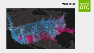 An inforgraphic map of the United States with red and blue vertical bars rising from various areas of the map.