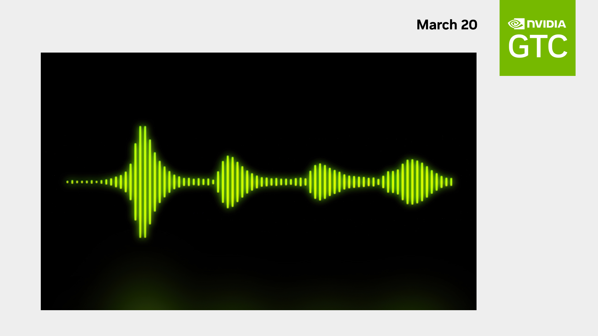 Black background with bright green sound waves and GTC banner in the corner.