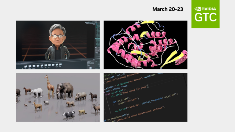Four images showcasing generative AI, with an avatar, illustration of DNA strand, a medley of zoo animals, and code.