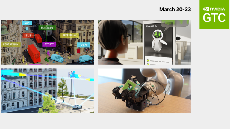 A collage of 4 illustrations of: a city with vehicles with object detection, a person interacting with a virtual assistant, a wirelessly connected city, and a robotic hand holding an object.
