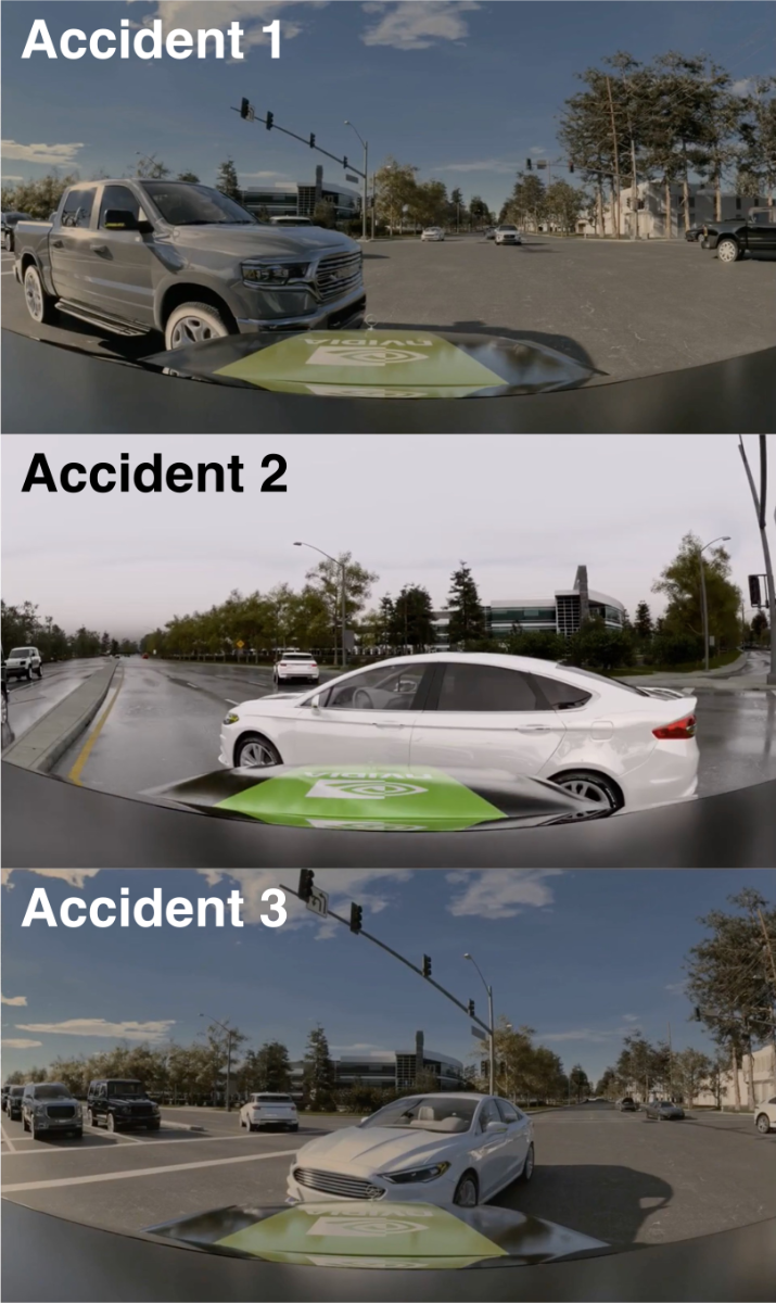 Figure 3. Accidents generated in NVIDIA DRIVE Sim, each starting from the same real-world scenario