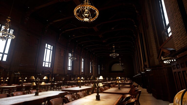 Image of a large hall with tables and lamps.