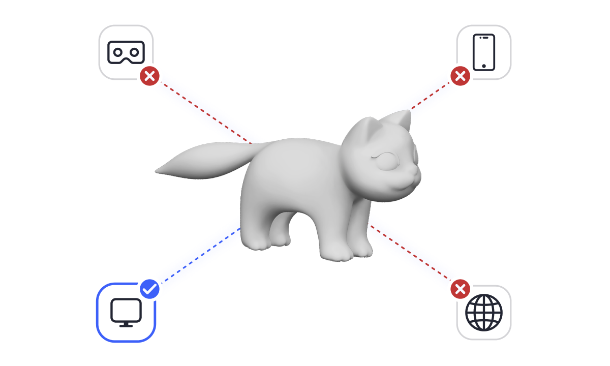 3D model of a cat with icons showing that is only suitable for one type of hardware.
