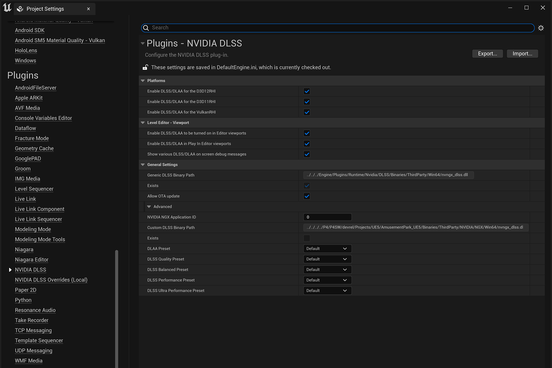  Screenshot of the Unreal Engine default plugin menu with NVIDIA DLSS options